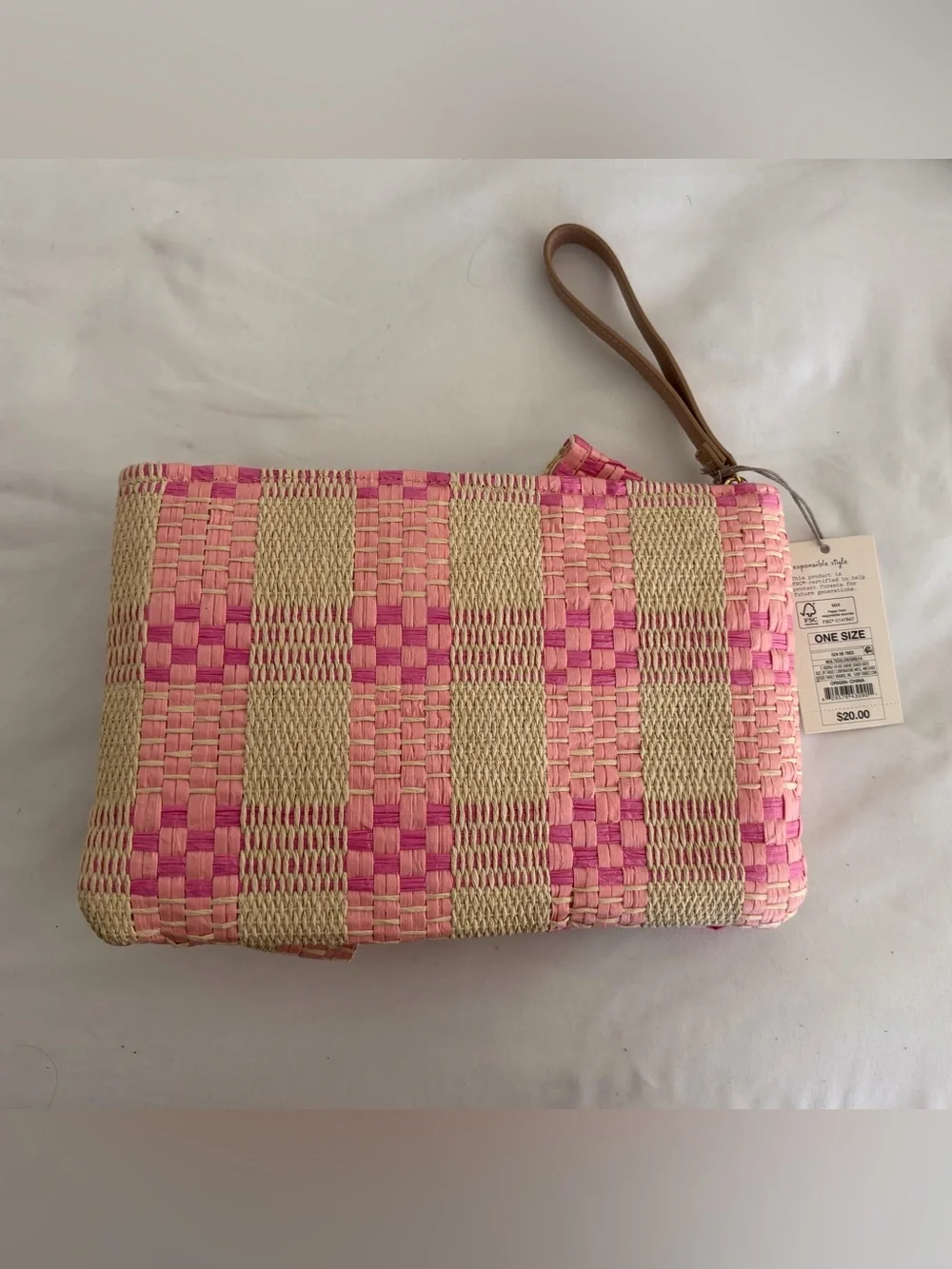 a new day Pink & Natural Woven Clutch with Knot Detail